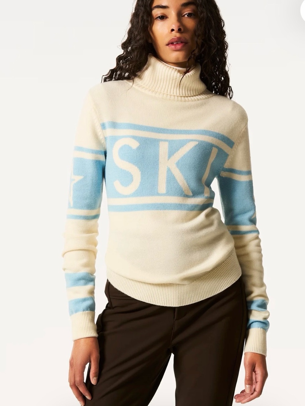 NWT Perfect Moment Women's Schild Merino Wool Sweater in Snow White/Alaskan blue